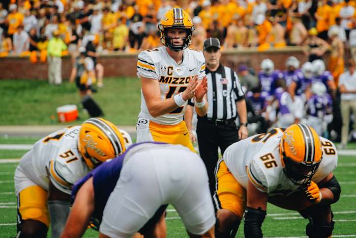 Missouri quarterback Brady Cook (12) overlooks the MU offensive line during the Tigers' 34-17 win over Abilene Christian on Sept. 17, 2022.